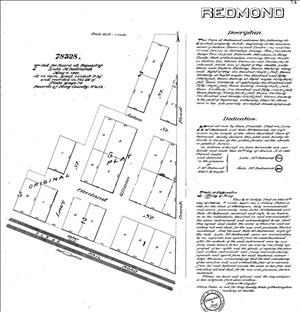 Hand drawn map of a few city blocks with street names between them. Handwritten text says Redmond and describes the plat dedicated by Luke McRedmond. 